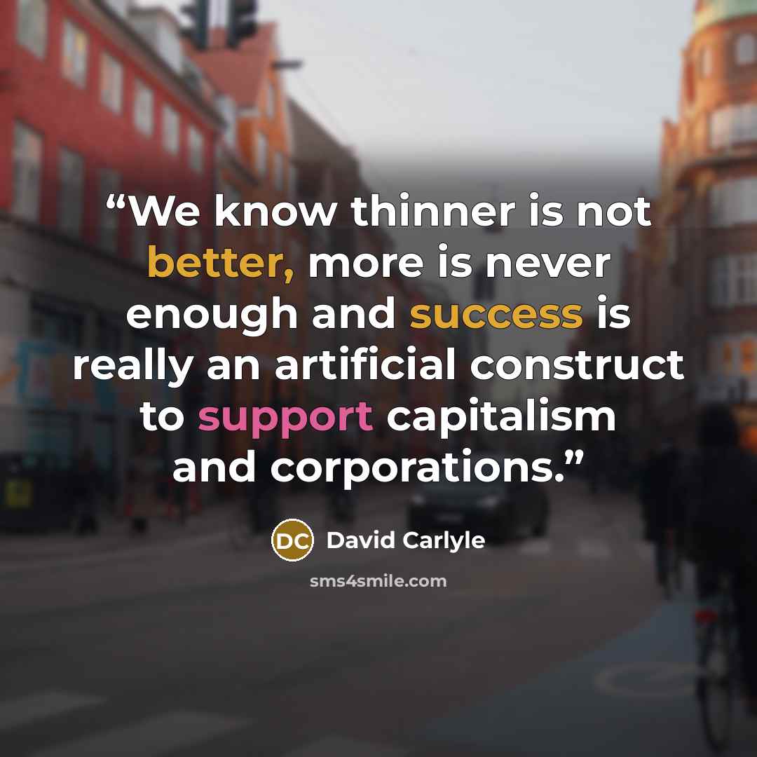 “We know thinner is not better, more is never enough and success is really an artificial construct to support capitalism and corporations.” quote by David Carlyle