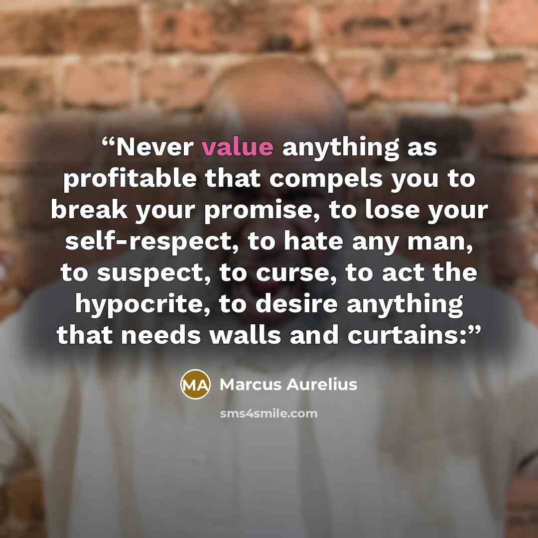 “Never value anything as profitable that compels you to break your promise, to lose your self-respect, to hate any man, to suspect, to curse, to act the hypocrite, to desire anything that needs walls and curtains:” quote by Marcus Aurelius