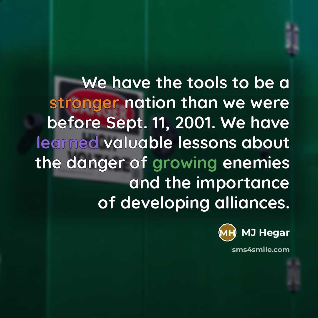 “We have the tools to be a stronger nation than we were before Sept. 11, 2001. We have learned valuable lessons about the danger of growing enemies and the importance of developing alliances.” quote by MJ Hegar