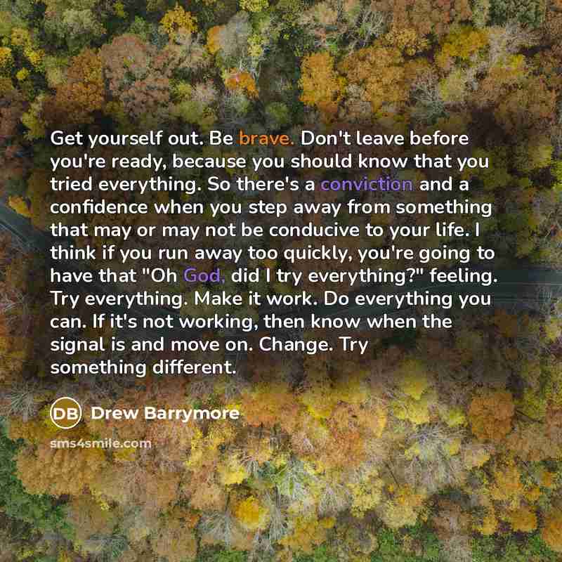“Get yourself out. Be brave. Don't leave before you're ready, because you should know that you tried everything. So there's a conviction and a confidence when you step away from something that may or may not be conducive to your life. I think if you run away too quickly, you're going to have that…” quote by Drew Barrymore