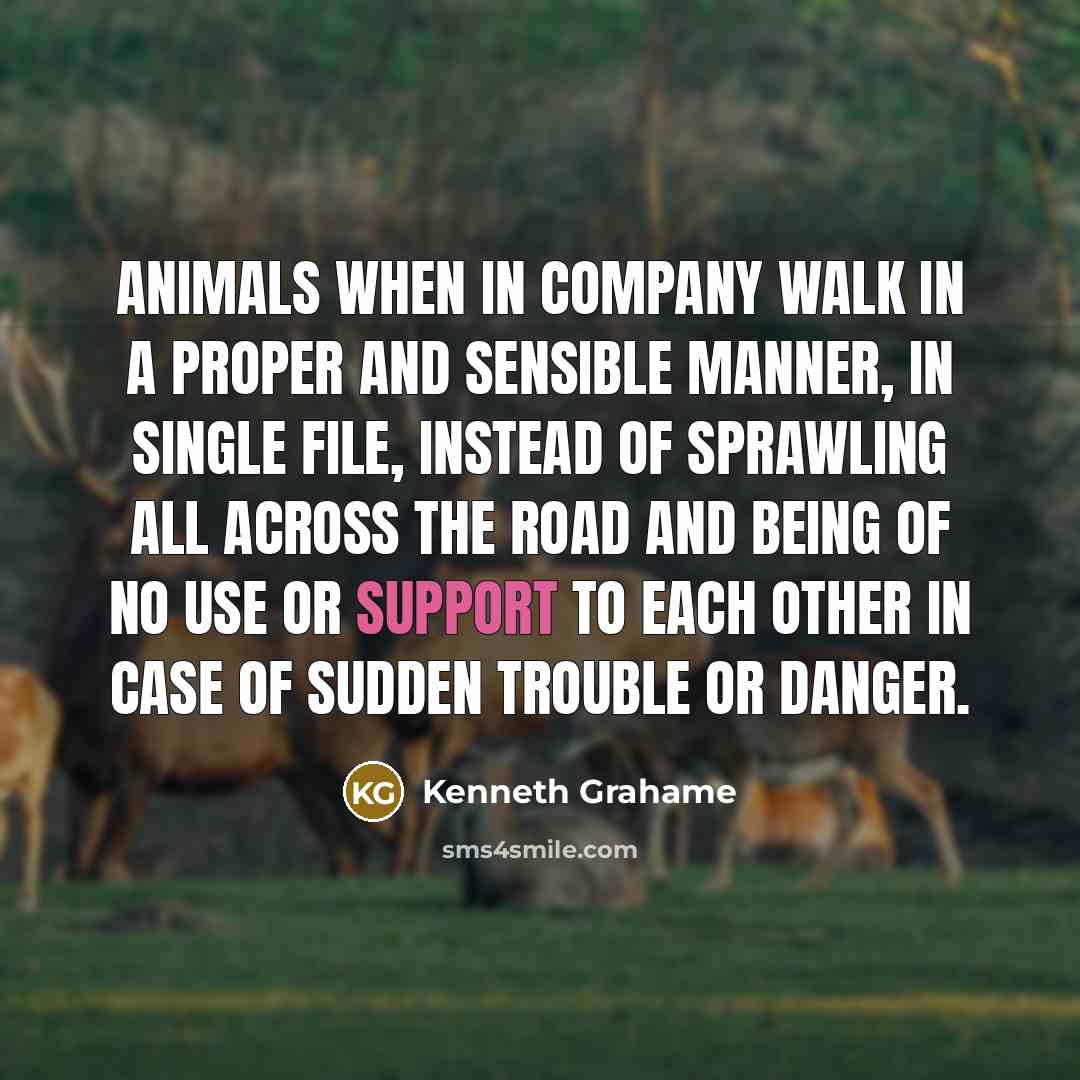 “Animals when in company walk in a proper and sensible manner, in single file, instead of sprawling all across the road and being of no use or support to each other in case of sudden trouble or danger.” quote by Kenneth Grahame