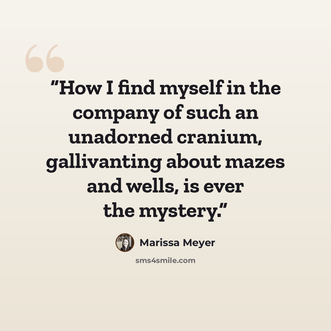 “How I find myself in the company of such an unadorned cranium, gallivanting about mazes and wells, is ever the mystery.” quote by Marissa Meyer