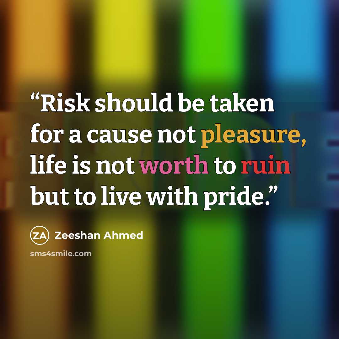 “Risk should be taken for a cause not pleasure, life is not worth to ruin but to live with pride.” quote by Zeeshan Ahmed