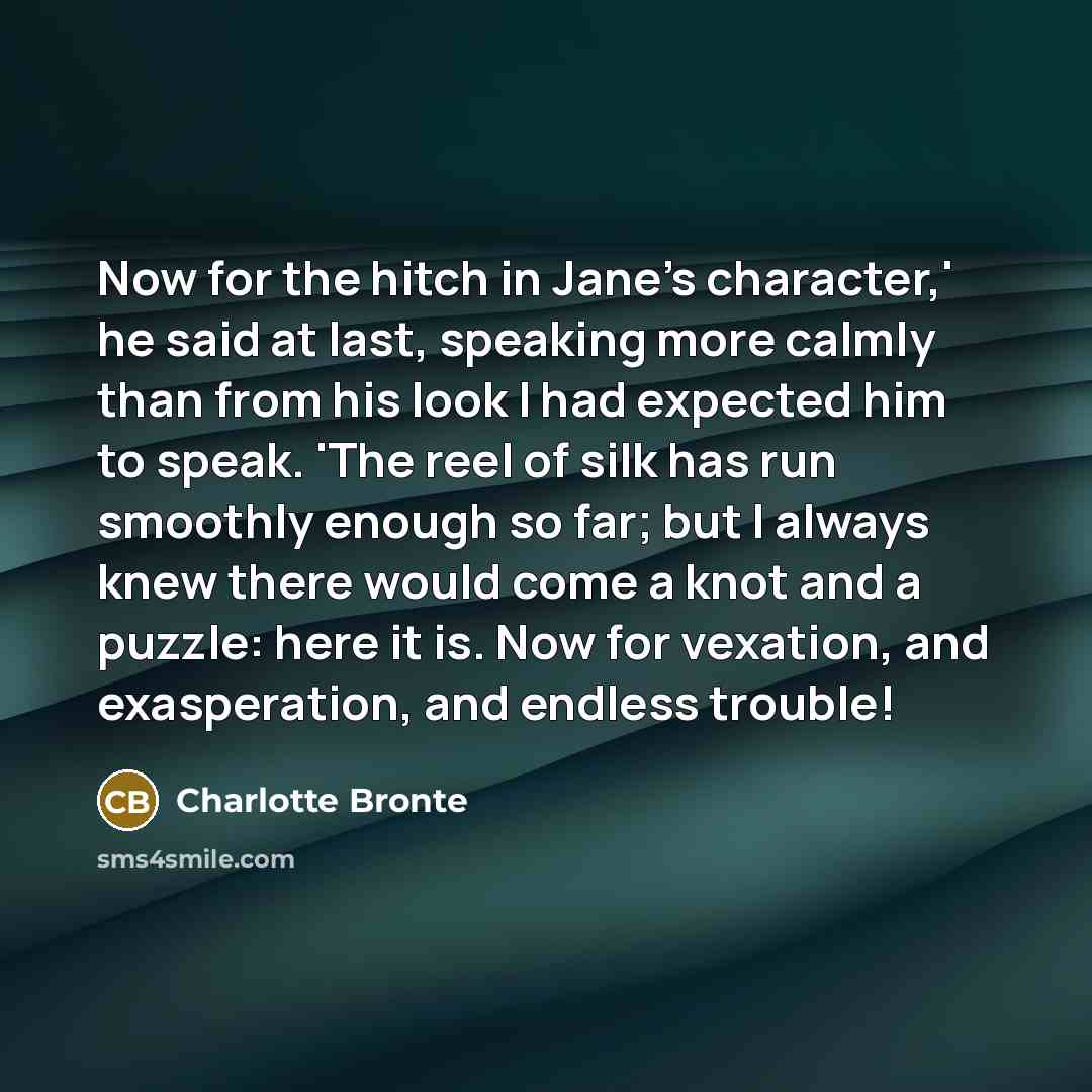 “Now for the hitch in Jane's character,' he said at last, speaking more calmly than from his look I had expected him to speak. 'The reel of silk has run smoothly enough so far; but I always knew there would come a knot and a puzzle: here it is. Now for vexation, and exasperation, and endless trouble!” quote by Charlotte Bronte
