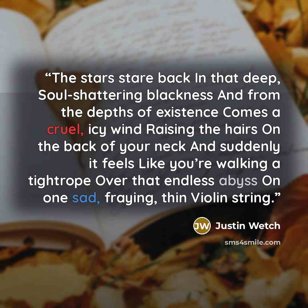 “The stars stare back In that deep, Soul-shattering blackness And from the depths of existence Comes a cruel, icy wind Raising the hairs On the back of your neck And suddenly it feels Like you’re walking a tightrope Over that endless abyss On one sad, fraying, thin Violin string.” quote by Justin Wetch