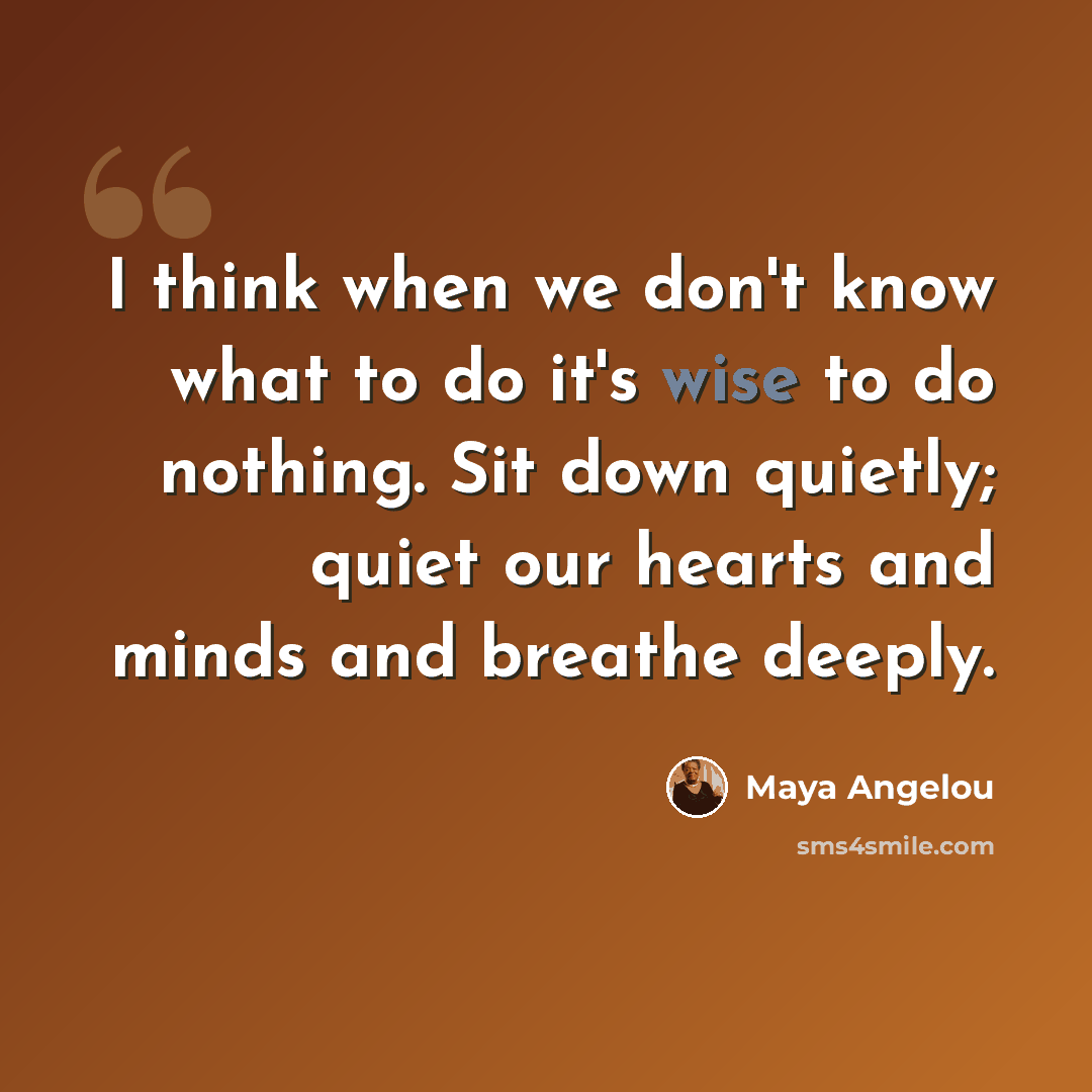 “I think when we don't know what to do it's wise to do nothing. Sit down quietly; quiet our hearts and minds and breathe deeply.” quote by Maya Angelou