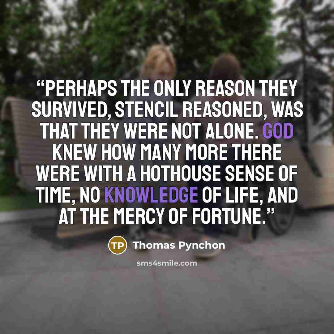 “Perhaps the only reason they survived, Stencil reasoned, was that they were not alone. God knew how many more there were with a hothouse sense of time, no knowledge of life, and at the mercy of Fortune.” quote by Thomas Pynchon