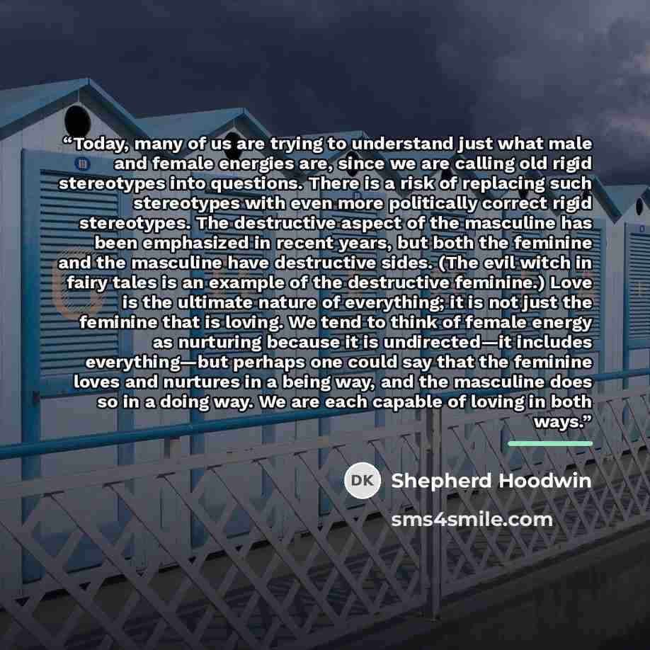 “Today, many of us are trying to understand just what male and female energies are, since we are calling old rigid stereotypes into questions. There is a risk of replacing such stereotypes with even more politically correct rigid stereotypes. The destructive aspect of the masculine has been…” quote by Shepherd Hoodwin
