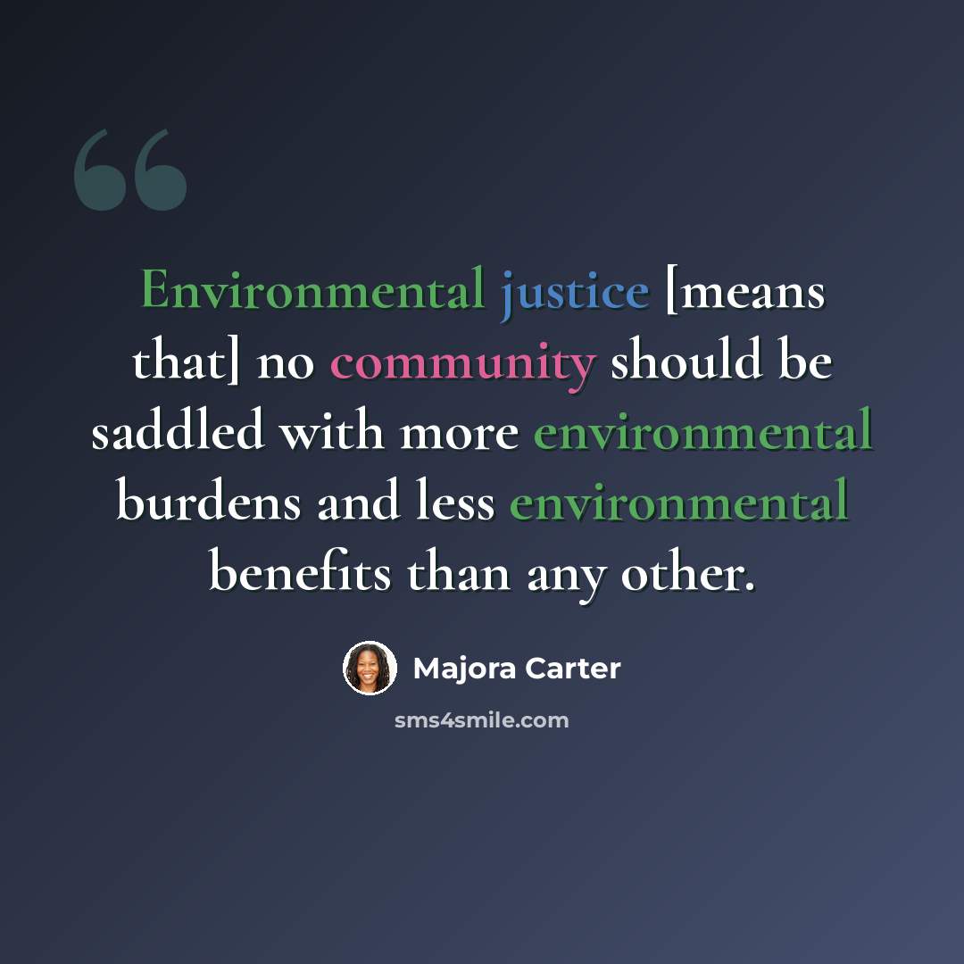 “Environmental justice [means that] no community should be saddled with more environmental burdens and less environmental benefits than any other.” quote by Majora Carter