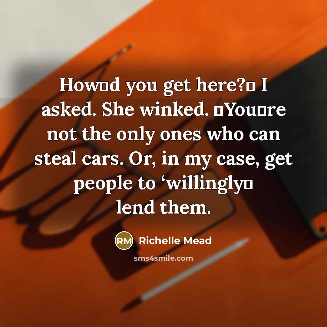 “Howʹd you get here?ʺ I asked. She winked. ʺYouʹre not the only ones who can steal cars. Or, in my case, get people to ‘willinglyʹ lend them.” quote by Richelle Mead