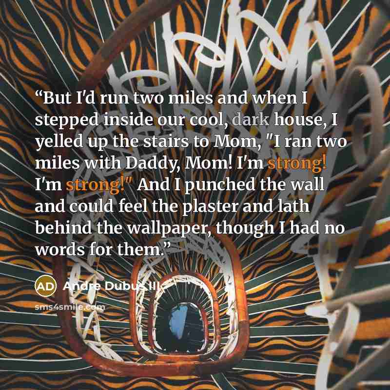 “But I'd run two miles and when I stepped inside our cool, dark house, I yelled up the stairs to Mom, "I ran two miles with Daddy, Mom! I'm strong! I'm strong!" And I punched the wall and could feel the plaster and lath behind the wallpaper, though I had no words for them.” quote by Andre Dubus III