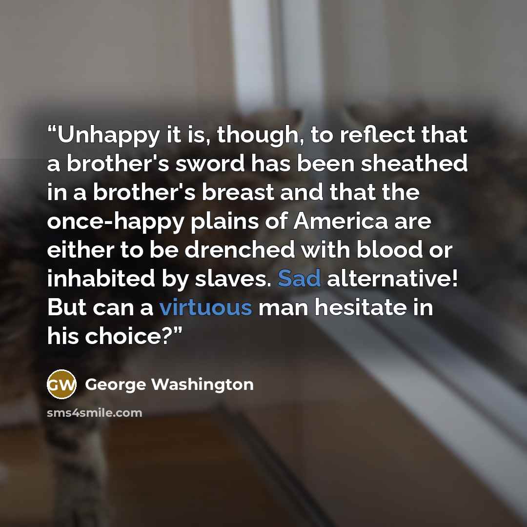 “Unhappy it is, though, to reflect that a brother's sword has been sheathed in a brother's breast and that the once-happy plains of America are either to be drenched with blood or inhabited by slaves. Sad alternative! But can a virtuous man hesitate in his choice?” quote by George Washington