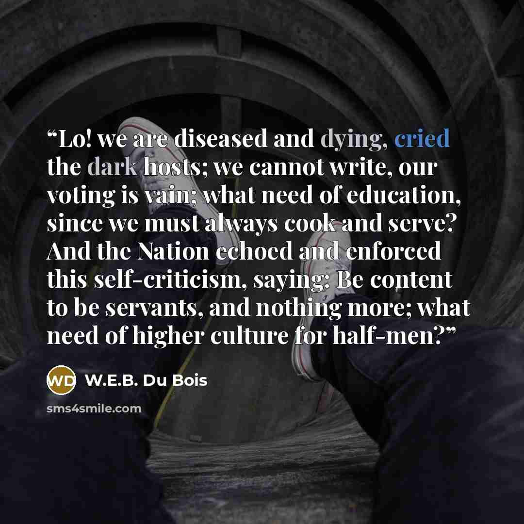 “Lo! we are diseased and dying, cried the dark hosts; we cannot write, our voting is vain; what need of education, since we must always cook and serve? And the Nation echoed and enforced this self-criticism, saying: Be content to be servants, and nothing more; what need of higher culture for…” quote by W.E.B. Du Bois