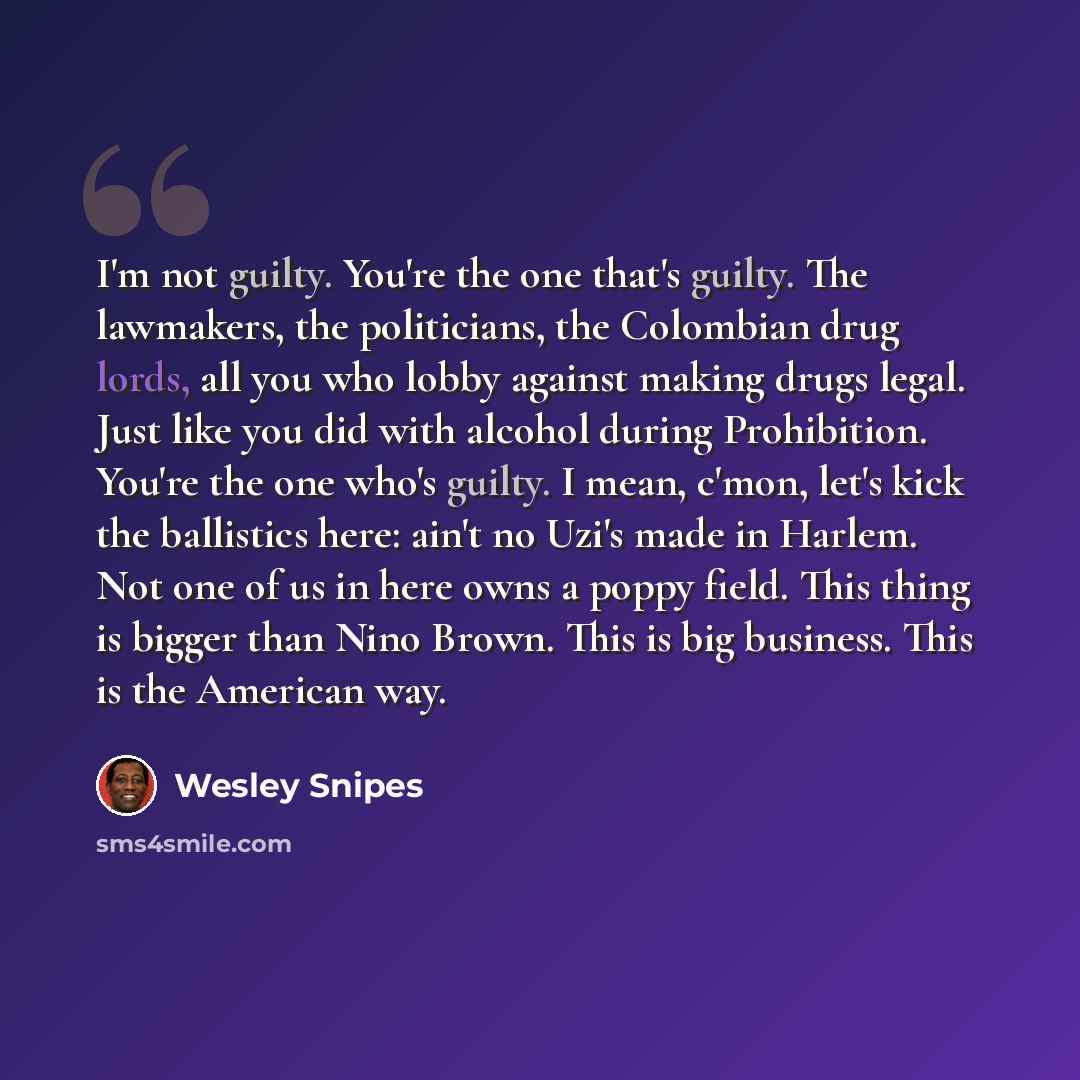 “I'm not guilty. You're the one that's guilty. The lawmakers, the politicians, the Colombian drug lords, all you who lobby against making drugs legal. Just like you did with alcohol during Prohibition. You're the one who's guilty. I mean, c'mon, let's kick the ballistics here: ain't no Uzi's made…” quote by Wesley Snipes