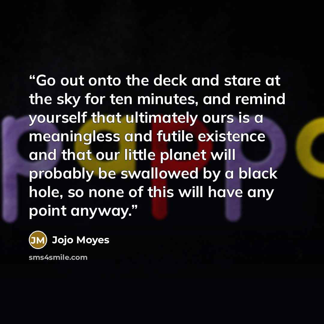 “Go out onto the deck and stare at the sky for ten minutes, and remind yourself that ultimately ours is a meaningless and futile existence and that our little planet will probably be swallowed by a black hole, so none of this will have any point anyway.” quote by Jojo Moyes