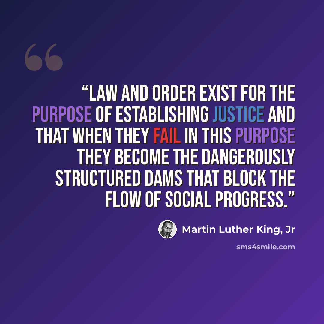 “Law and order exist for the purpose of establishing justice and that when they fail in this purpose they become the dangerously structured dams that block the flow of social progress.” quote by Martin Luther King, Jr