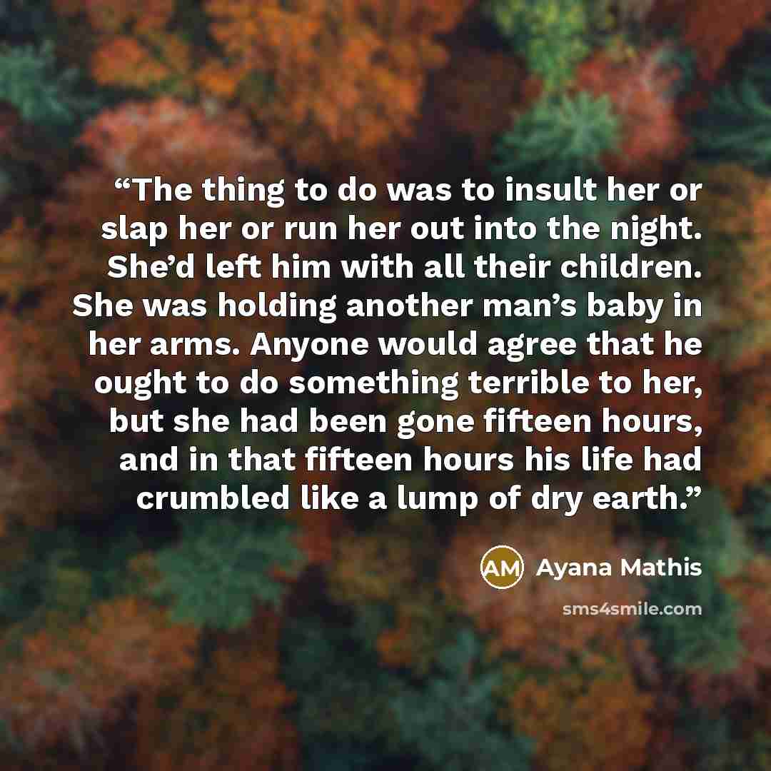 “The thing to do was to insult her or slap her or run her out into the night. She’d left him with all their children. She was holding another man’s baby in her arms. Anyone would agree that he ought to do something terrible to her, but she had been gone fifteen hours, and in that fifteen hours his…” quote by Ayana Mathis
