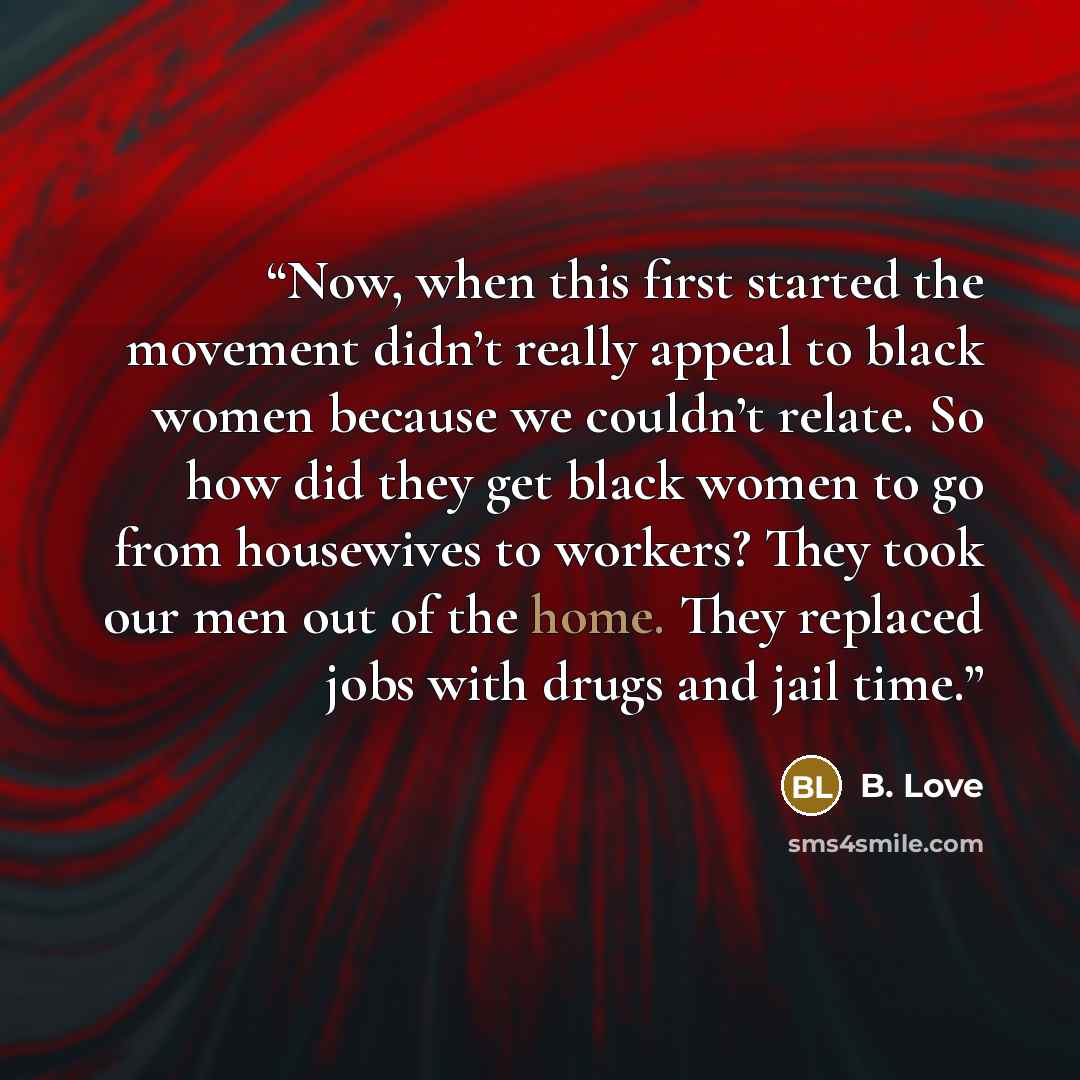 “Now, when this first started the movement didn’t really appeal to black women because we couldn’t relate. So how did they get black women to go from housewives to workers? They took our men out of the home. They replaced jobs with drugs and jail time.” quote by B. Love