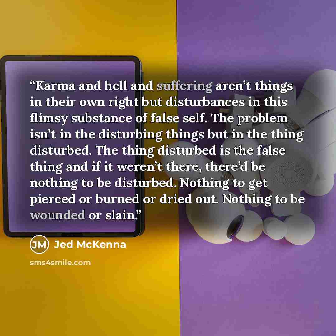 “Karma and hell and suffering aren’t things in their own right but disturbances in this flimsy substance of false self. The problem isn’t in the disturbing things but in the thing disturbed. The thing disturbed is the false thing and if it weren’t there, there’d be nothing to be disturbed. Nothing…” quote by Jed McKenna