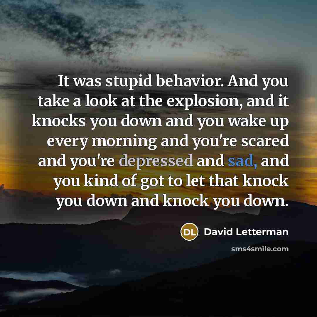 “It was stupid behavior. And you take a look at the explosion, and it knocks you down and you wake up every morning and you're scared and you're depressed and sad, and you kind of got to let that knock you down and knock you down.” quote by David Letterman