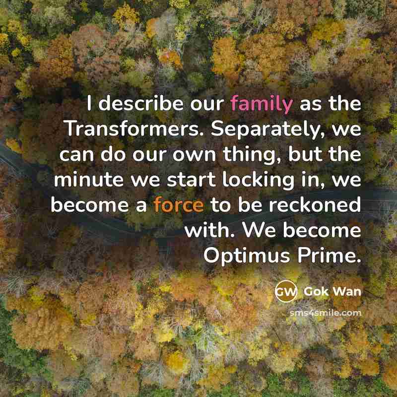 “I describe our family as the Transformers. Separately, we can do our own thing, but the minute we start locking in, we become a force to be reckoned with. We become Optimus Prime.” quote by Gok Wan