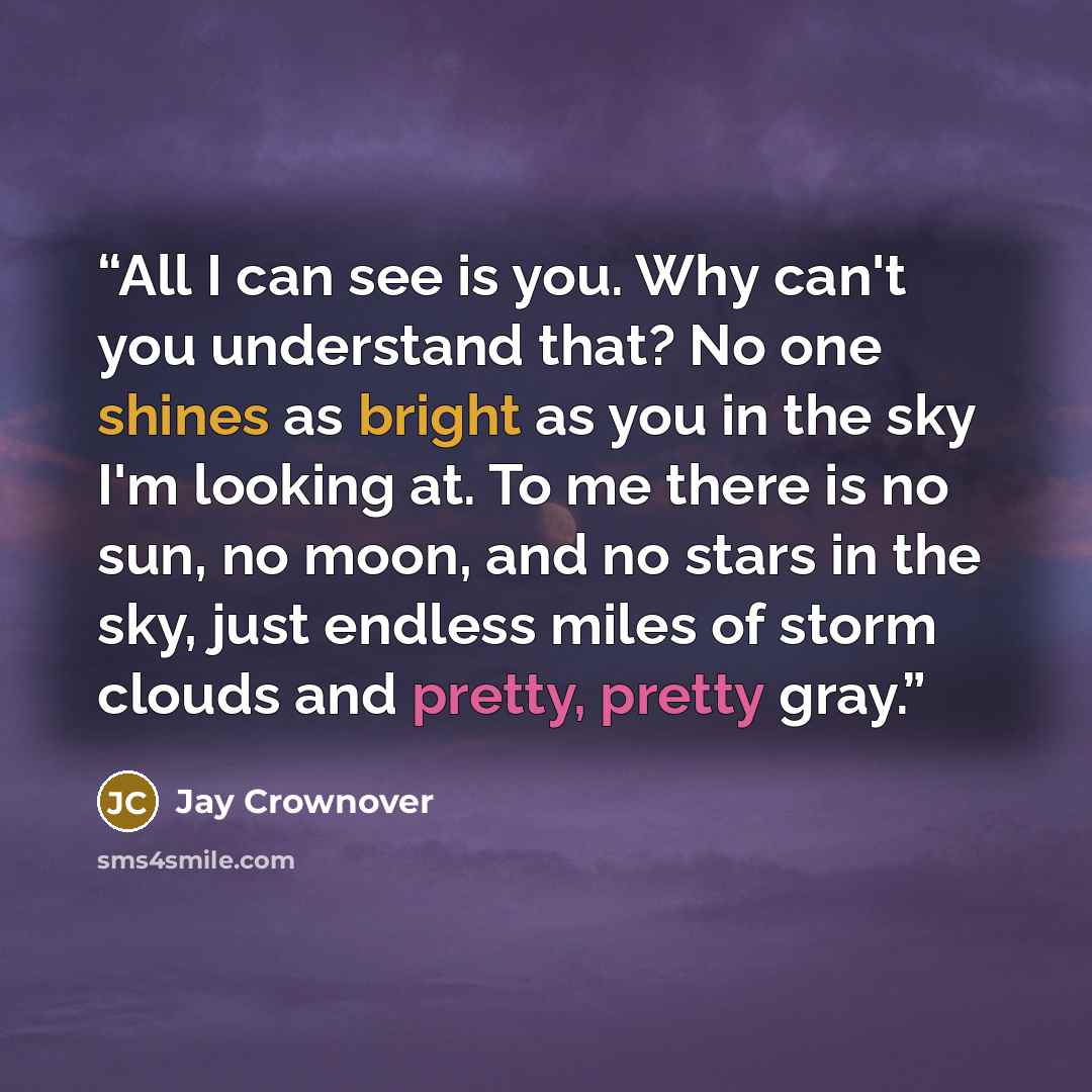 “All I can see is you. Why can't you understand that? No one shines as bright as you in the sky I'm looking at. To me there is no sun, no moon, and no stars in the sky, just endless miles of storm clouds and pretty, pretty gray.” quote by Jay Crownover