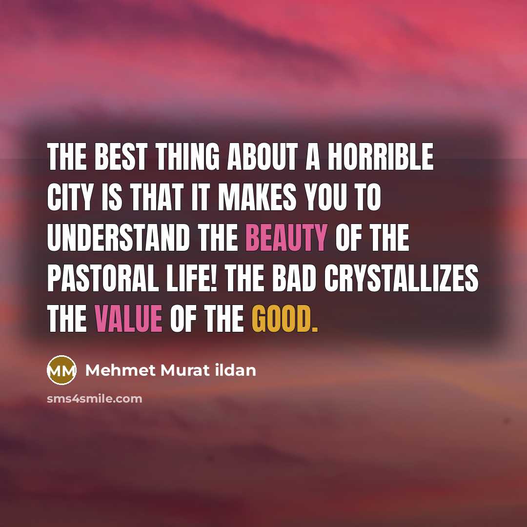 “The best thing about a horrible city is that it makes you to understand the beauty of the pastoral life! The bad crystallizes the value of the good.” quote by Mehmet Murat Ildan