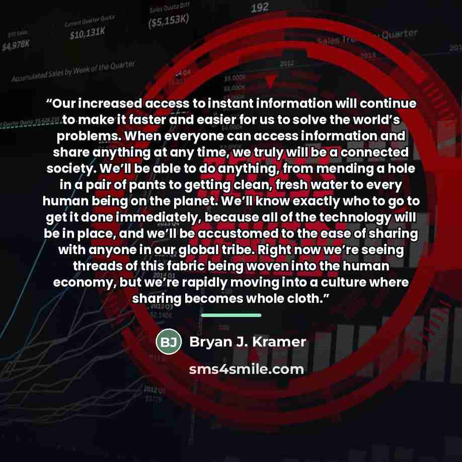 “Our increased access to instant information will continue to make it faster and easier for us to solve the world’s problems. When everyone can access information and share anything at any time, we truly will be a connected society. We’ll be able to do anything, from mending a hole in a pair of…” quote by Bryan J. Kramer