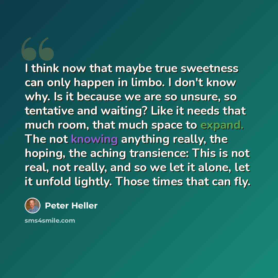 “I think now that maybe true sweetness can only happen in limbo. I don't know why. Is it because we are so unsure, so tentative and waiting? Like it needs that much room, that much space to expand. The not knowing anything really, the hoping, the aching transience: This is not real, not really, and…” quote by Peter Heller