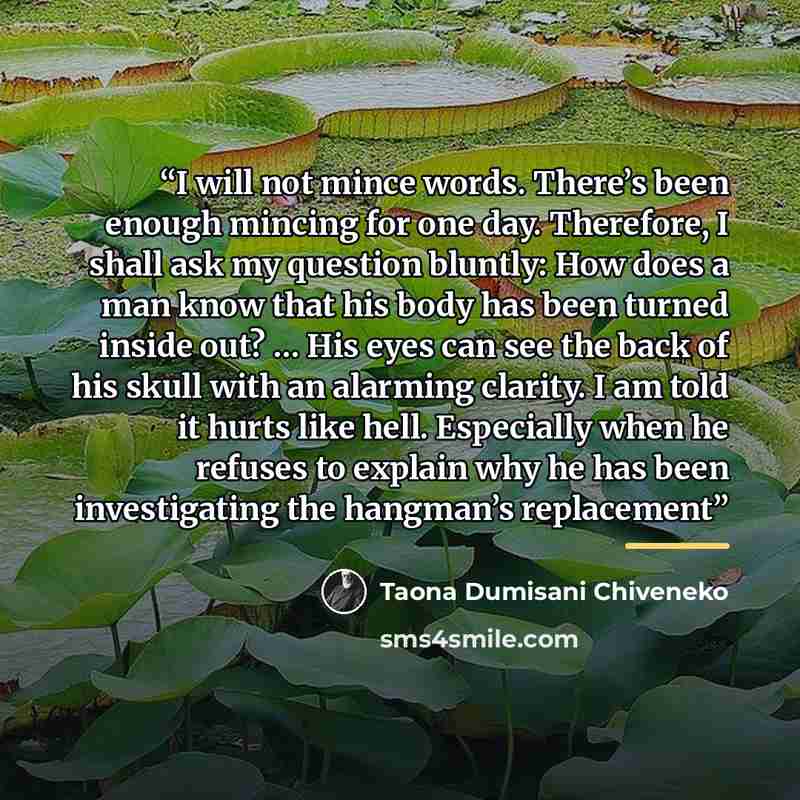 “I will not mince words. There’s been enough mincing for one day. Therefore, I shall ask my question bluntly: How does a man know that his body has been turned inside out? … His eyes can see the back of his skull with an alarming clarity. I am told it hurts like hell. Especially when he refuses to…” quote by Taona Dumisani Chiveneko