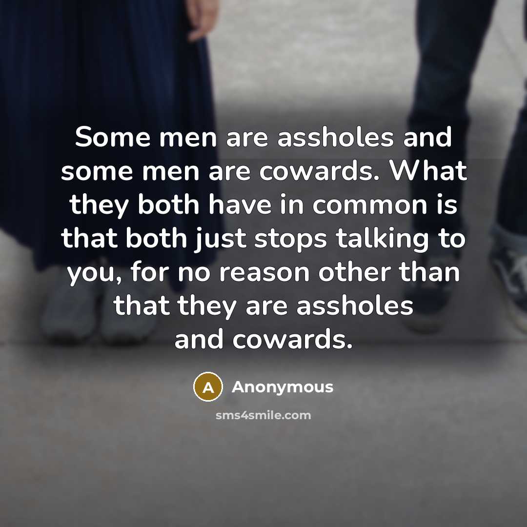 “Some men are assholes and some men are cowards. What they both have in common is that both just stops talking to you, for no reason other than that they are assholes and cowards.” quote by Anonymous