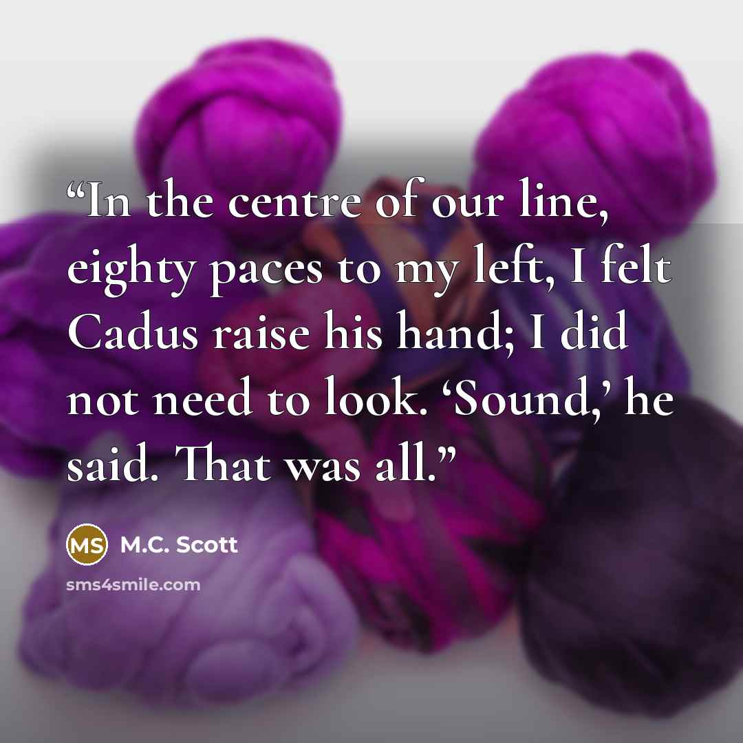 “In the centre of our line, eighty paces to my left, I felt Cadus raise his hand; I did not need to look. ‘Sound,’ he said. That was all.” quote by M.C. Scott