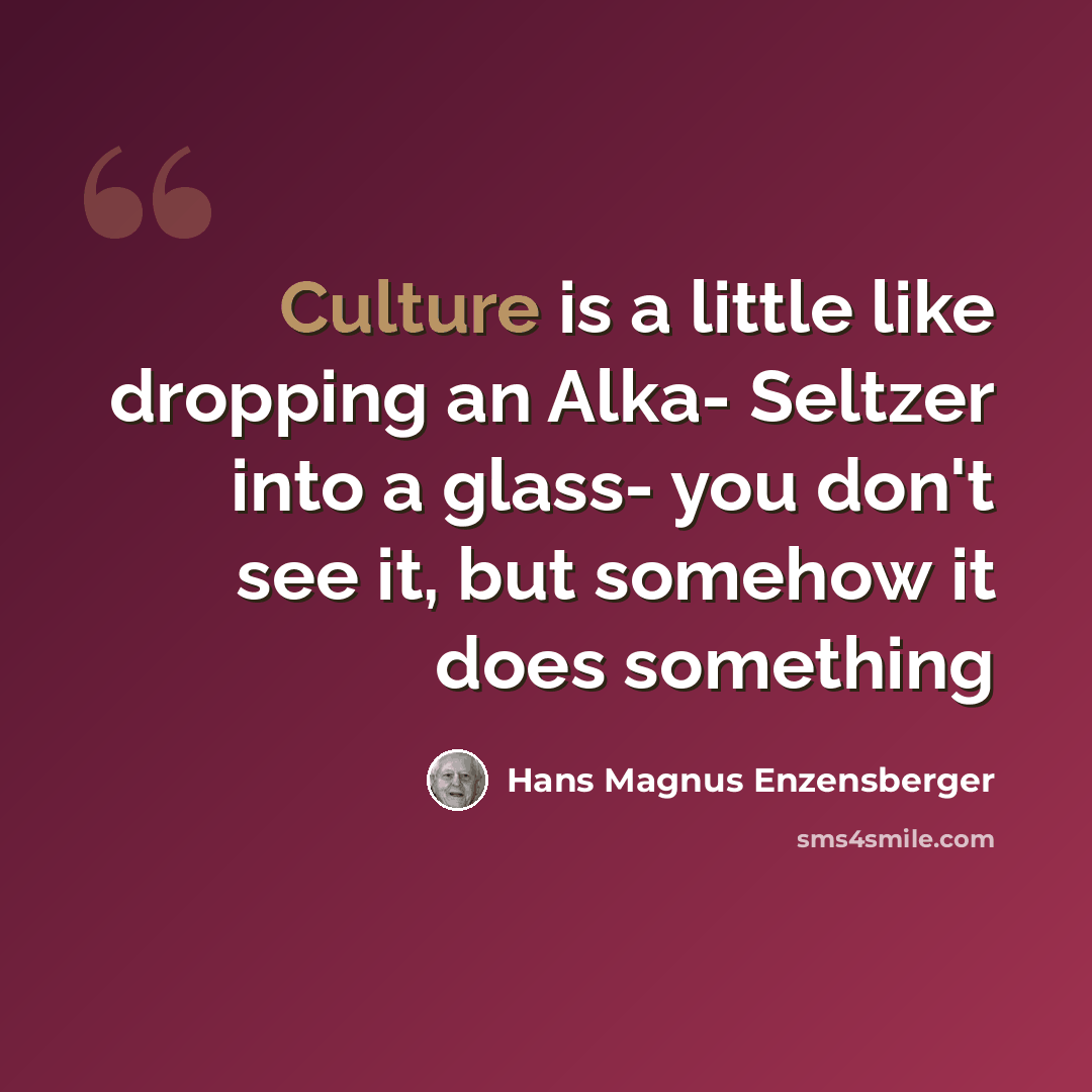 “Culture is a little like dropping an Alka- Seltzer into a glass- you don't see it, but somehow it does something” quote by Hans Magnus Enzensberger