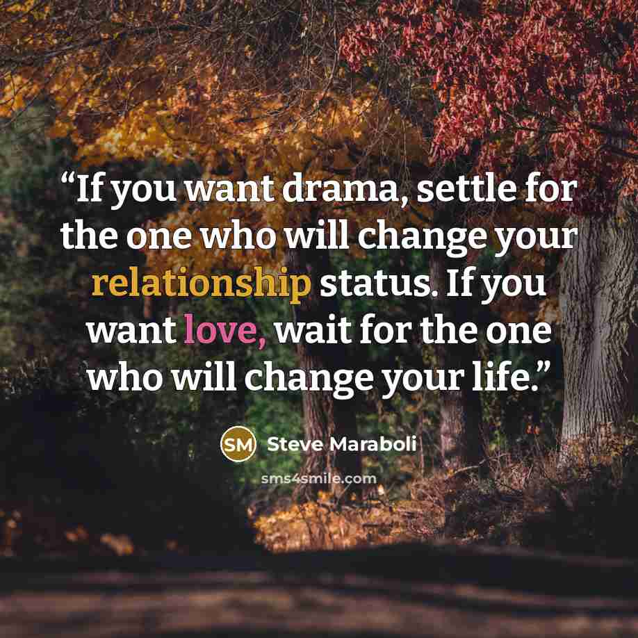“If you want drama, settle for the one who will change your relationship status. If you want love, wait for the one who will change your life.” quote by Steve Maraboli