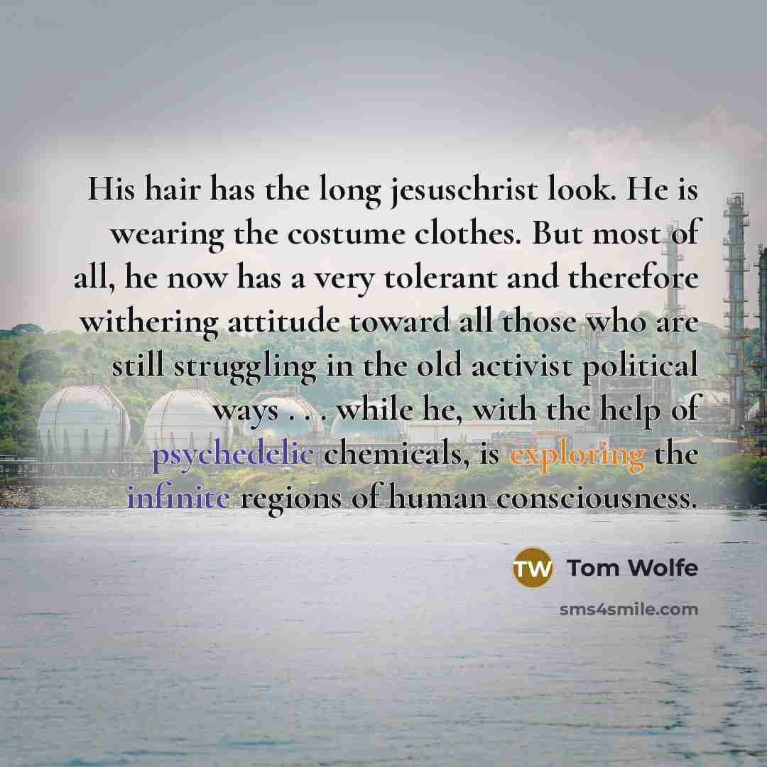 “His hair has the long jesuschrist look. He is wearing the costume clothes. But most of all, he now has a very tolerant and therefore withering attitude toward all those who are still struggling in the old activist political ways . . . while he, with the help of psychedelic chemicals, is exploring…” quote by Tom Wolfe