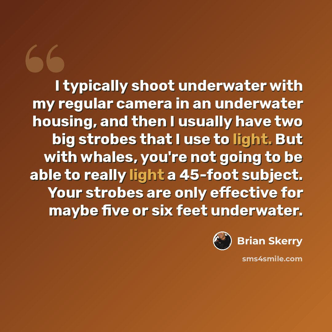 “I typically shoot underwater with my regular camera in an underwater housing, and then I usually have two big strobes that I use to light. But with whales, you're not going to be able to really light a 45-foot subject. Your strobes are only effective for maybe five or six feet underwater.” quote by Brian Skerry