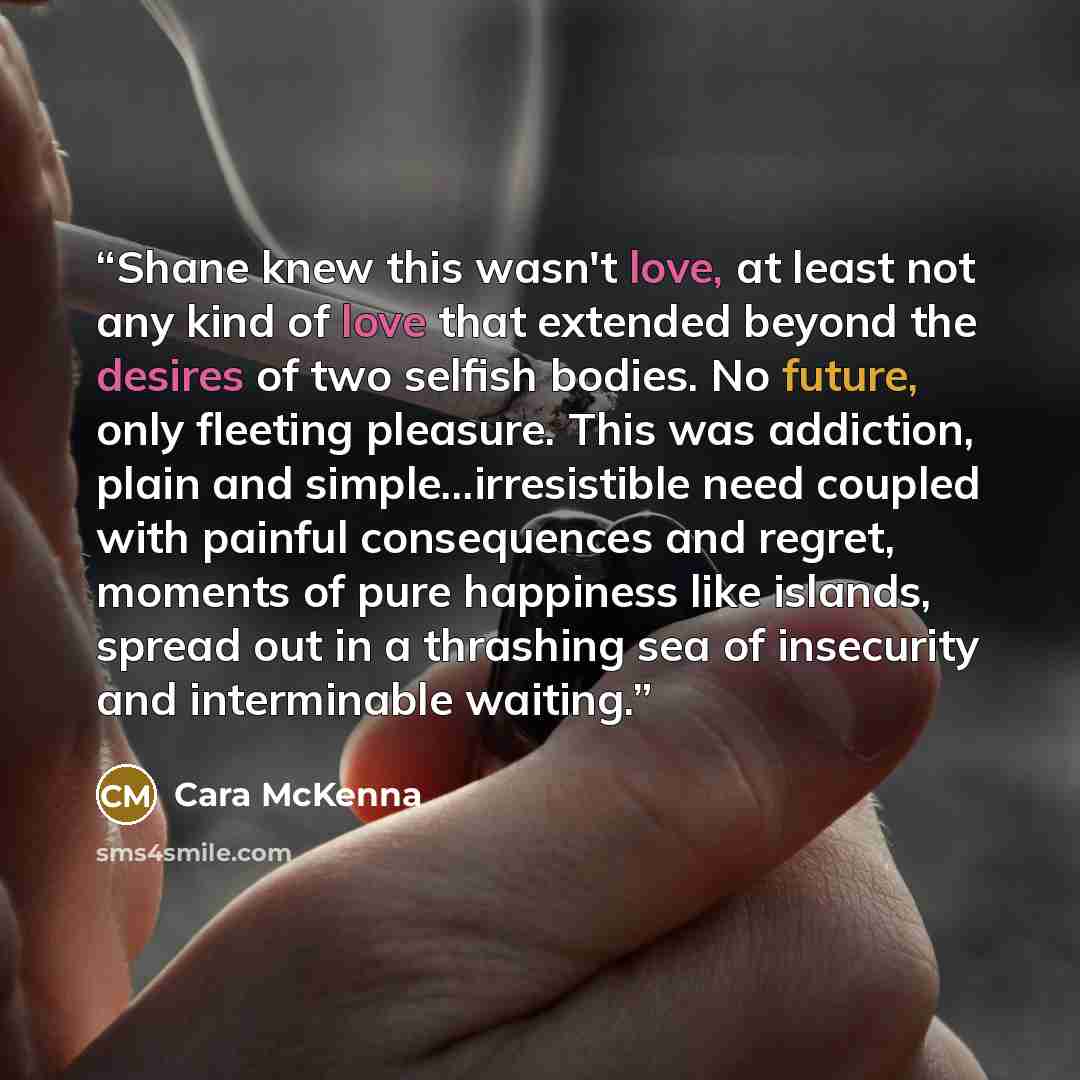 “Shane knew this wasn't love, at least not any kind of love that extended beyond the desires of two selfish bodies. No future, only fleeting pleasure. This was addiction, plain and simple...irresistible need coupled with painful consequences and regret, moments of pure happiness like islands…” quote by Cara McKenna