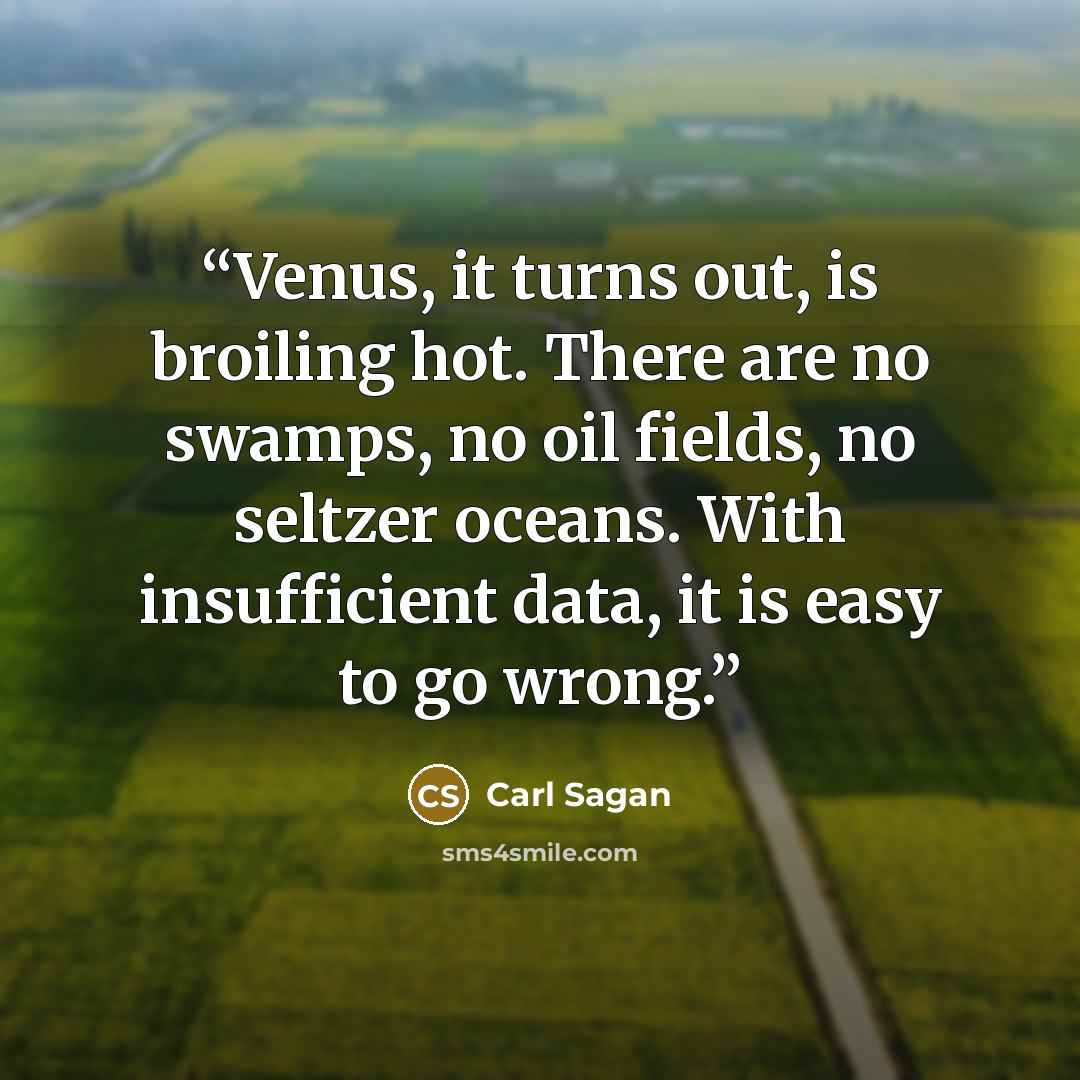“Venus, it turns out, is broiling hot. There are no swamps, no oil fields, no seltzer oceans. With insufficient data, it is easy to go wrong.” quote by Carl Sagan
