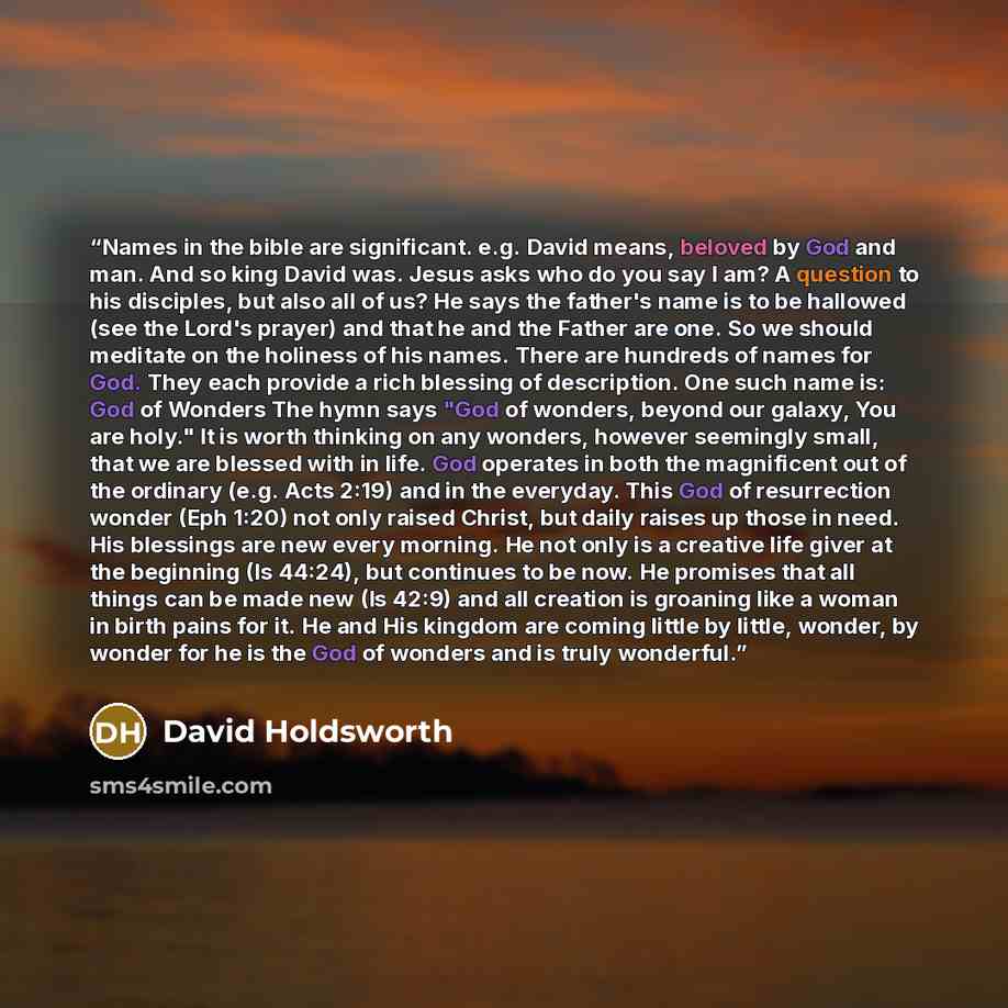 “Names in the bible are significant. e.g. David means, beloved by God and man. And so king David was. Jesus asks who do you say I am? A question to his disciples, but also all of us? He says the father's name is to be hallowed (see the Lord's prayer) and that he and the Father are one. So we should…” quote by David Holdsworth