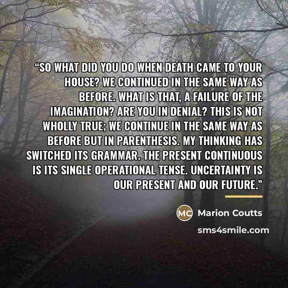 “So what did you do when death came to your house? We continued in the same way as before. What is that, a failure of the imagination? Are you in denial? This is not wholly true; we continue in the same way as before but in parenthesis. My thinking has switched its grammar. The present continuous…” quote by Marion Coutts