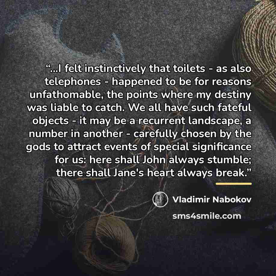 “...I felt instinctively that toilets - as also telephones - happened to be for reasons unfathomable, the points where my destiny was liable to catch. We all have such fateful objects - it may be a recurrent landscape, a number in another - carefully chosen by the gods to attract events of special…” quote by Vladimir Nabokov