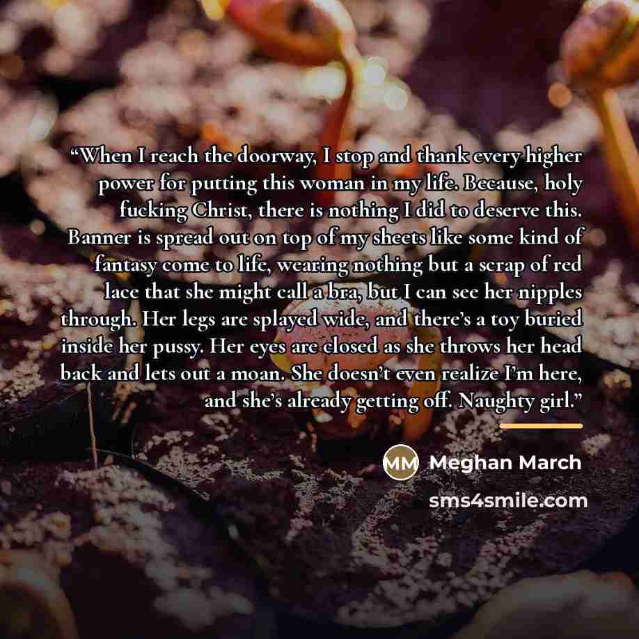 “When I reach the doorway, I stop and thank every higher power for putting this woman in my life. Because, holy fucking Christ, there is nothing I did to deserve this. Banner is spread out on top of my sheets like some kind of fantasy come to life, wearing nothing but a scrap of red lace that she…” quote by Meghan March