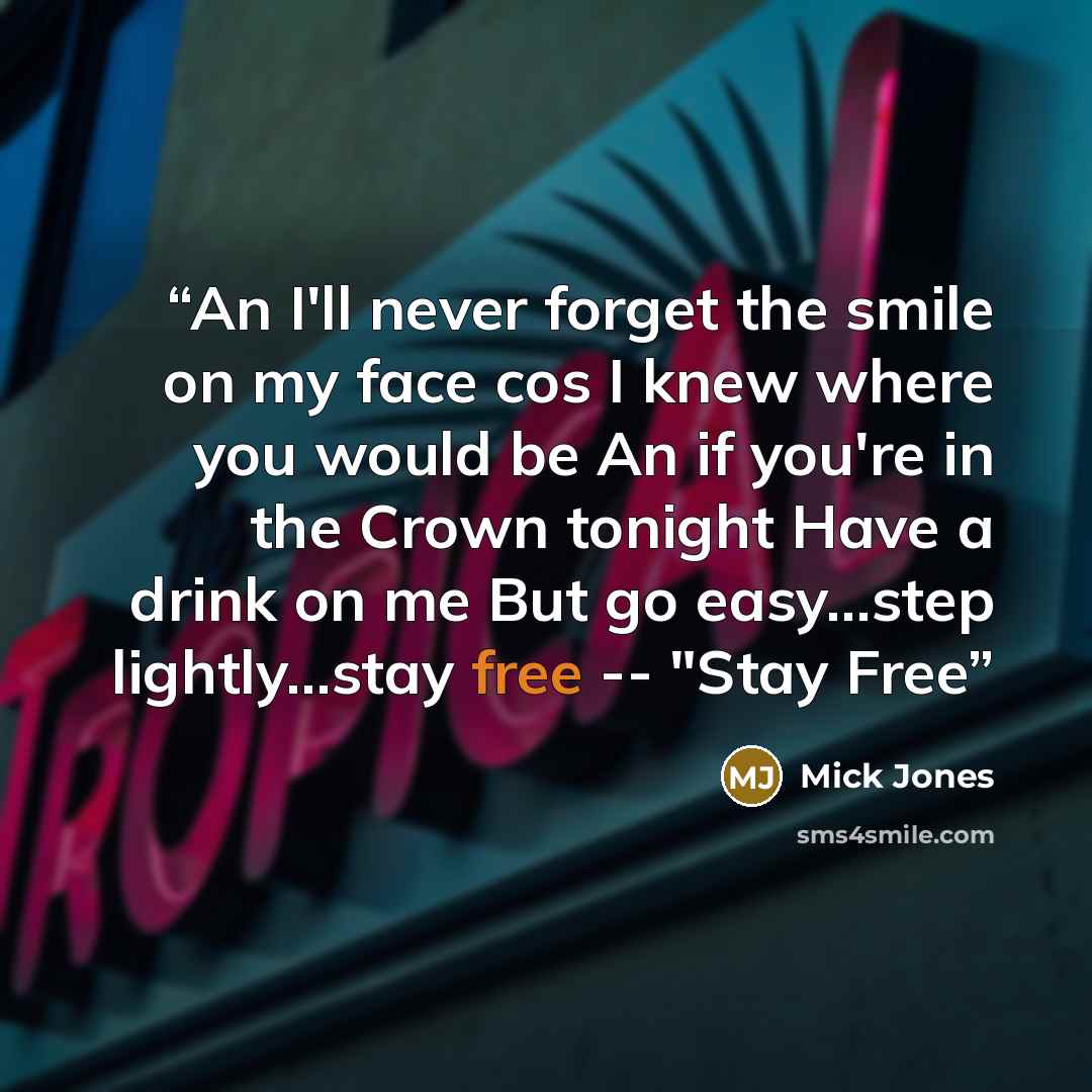 “An I'll never forget the smile on my face cos I knew where you would be An if you're in the Crown tonight Have a drink on me But go easy...step lightly...stay free -- "Stay Free” quote by Mick Jones