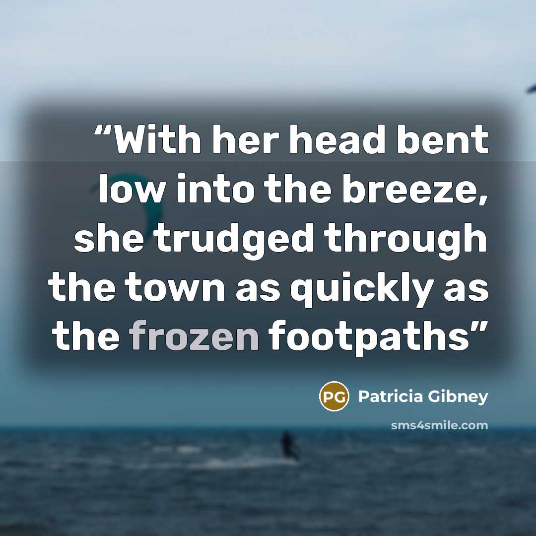 “With her head bent low into the breeze, she trudged through the town as quickly as the frozen footpaths” quote by Patricia Gibney