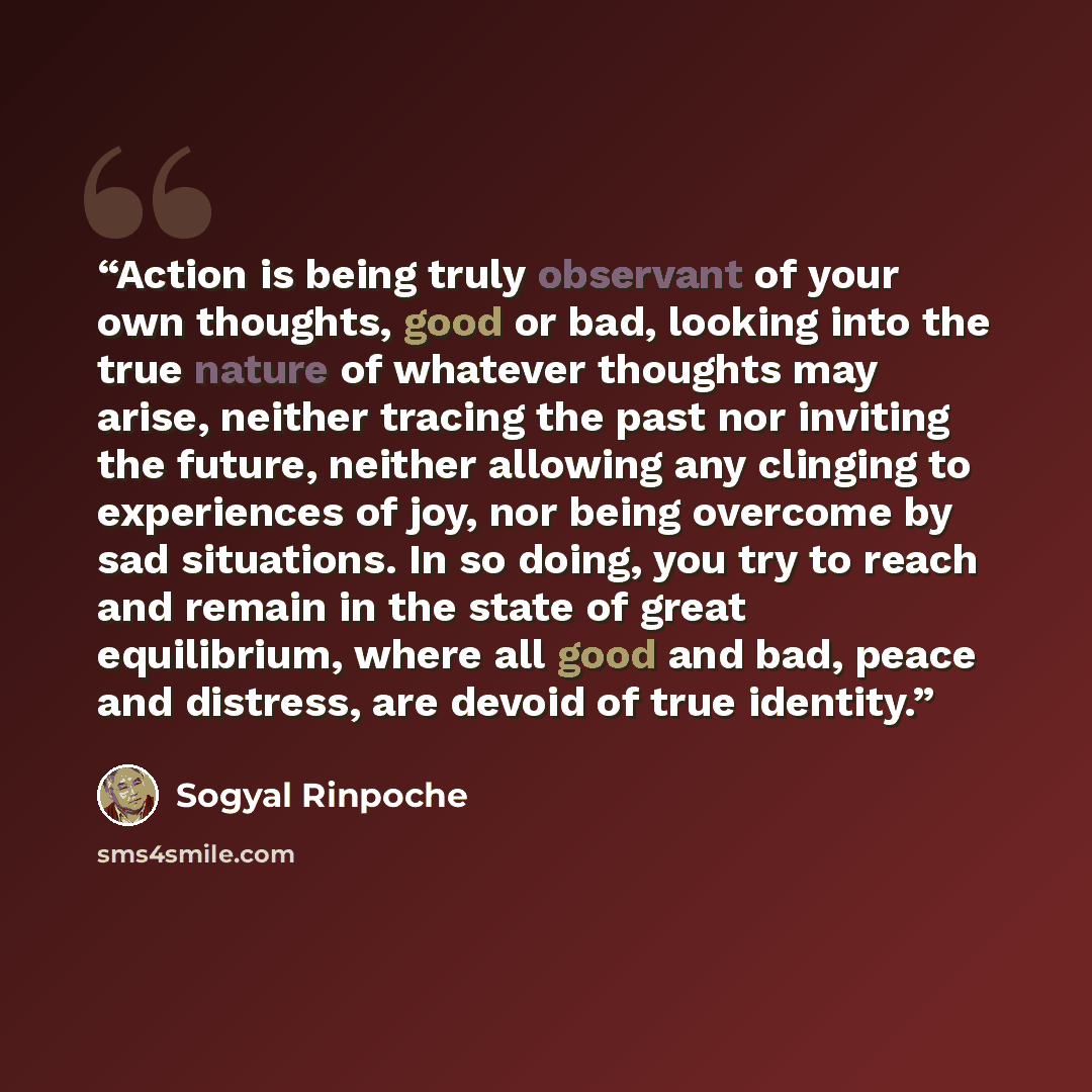 “Action is being truly observant of your own thoughts, good or bad, looking into the true nature of whatever thoughts may arise, neither tracing the past nor inviting the future, neither allowing any clinging to experiences of joy, nor being overcome by sad situations. In so doing, you try to reach…” quote by Sogyal Rinpoche