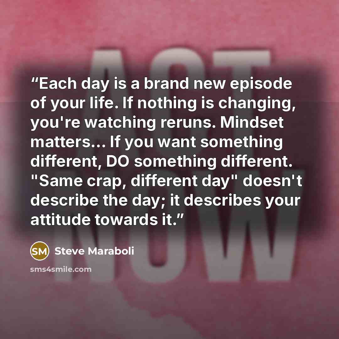 “Each day is a brand new episode of your life. If nothing is changing, you're watching reruns. Mindset matters... If you want something different, DO something different. "Same crap, different day" doesn't describe the day; it describes your attitude towards it.” quote by Steve Maraboli