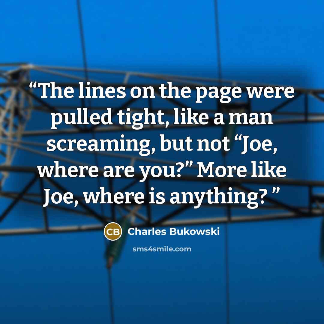 “The lines on the page were pulled tight, like a man screaming, but not “Joe, where are you?” More like Joe, where is anything?” quote by Charles Bukowski