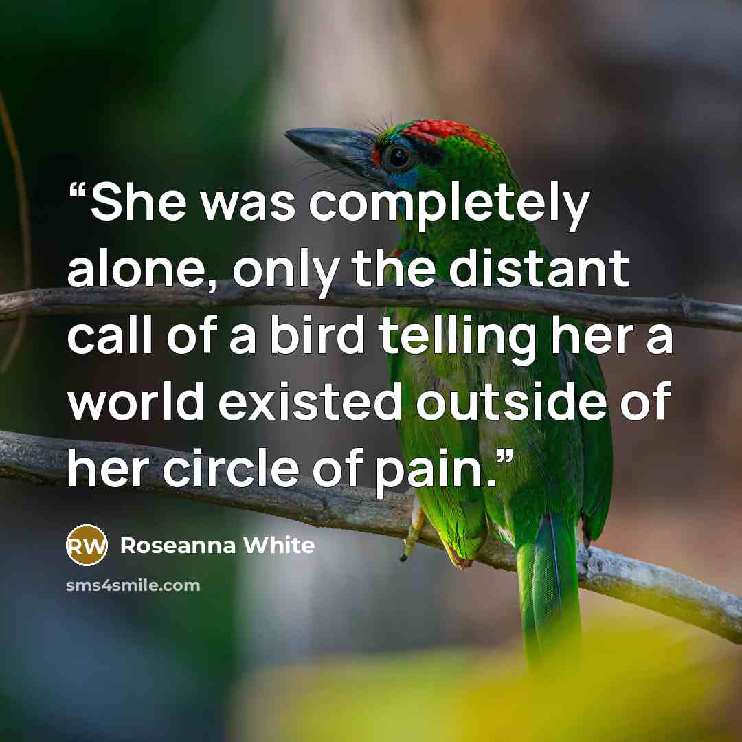 “She was completely alone, only the distant call of a bird telling her a world existed outside of her circle of pain.” quote by Roseanna White