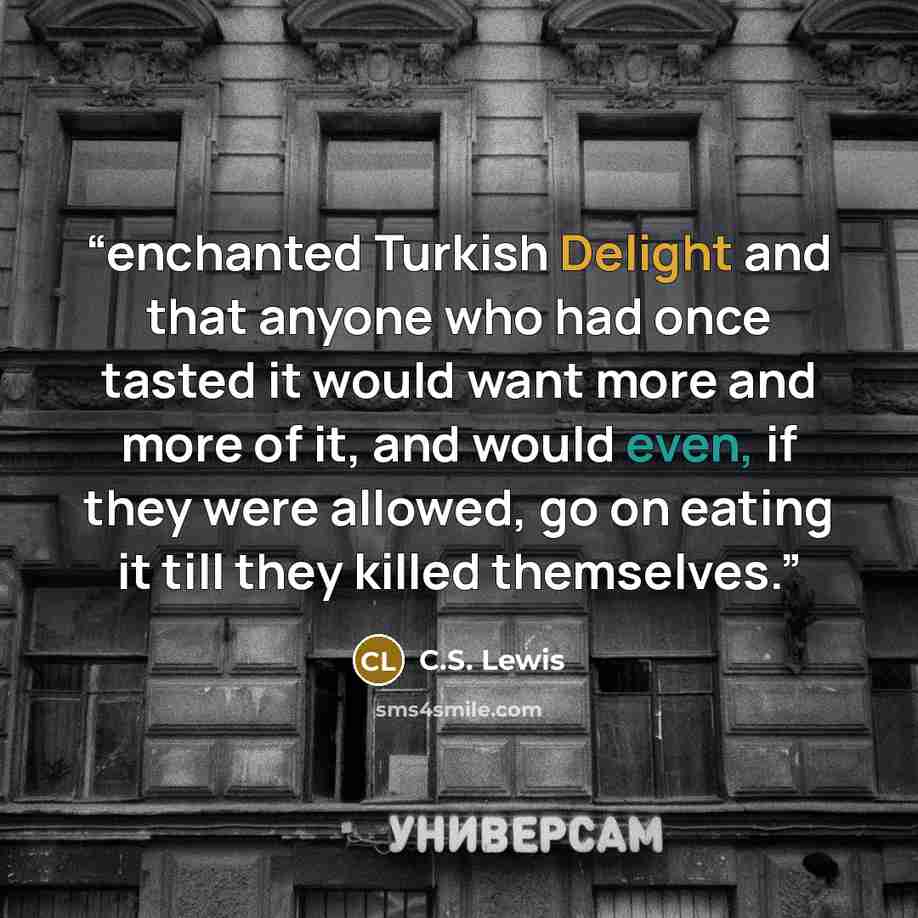 “enchanted Turkish Delight and that anyone who had once tasted it would want more and more of it, and would even, if they were allowed, go on eating it till they killed themselves.” quote by C.S. Lewis