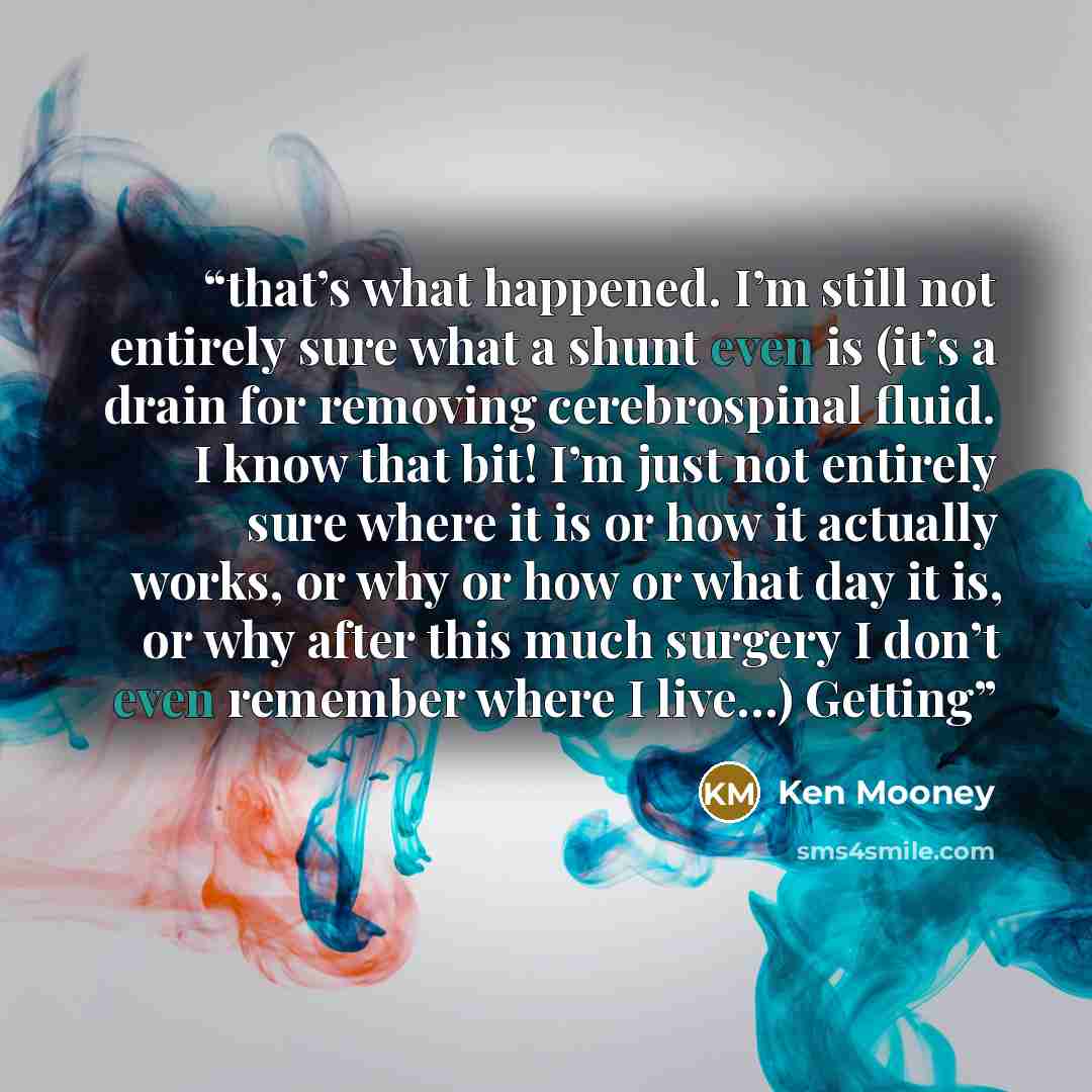 “that’s what happened. I’m still not entirely sure what a shunt even is (it’s a drain for removing cerebrospinal fluid. I know that bit! I’m just not entirely sure where it is or how it actually works, or why or how or what day it is, or why after this much surgery I don’t even remember where I…” quote by Ken Mooney